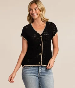 Tops | Blu Pepper Whipstitch Cardigan Sweater Black