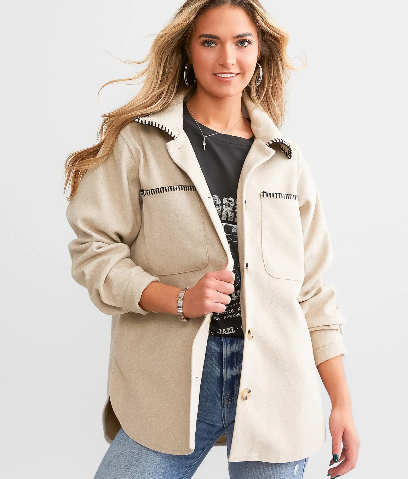 BKE Whipstitch Shacket Beige Sale