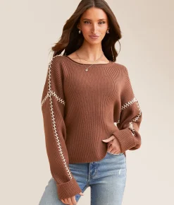 Tops | BKE Whipstitch Sweater Hazelnut