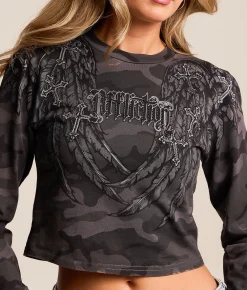 Affliction Whispering Thoughts Camo Cropped T-Shirt Black Combo Lava Wash Clearance