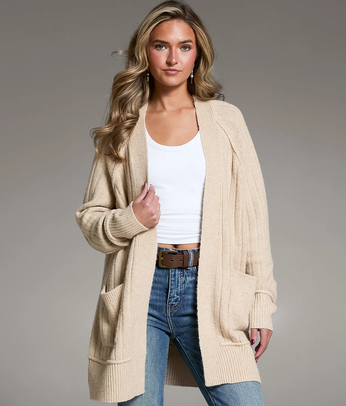 Tops | BKE Wide Ribbed Cardigan Sweater Beige