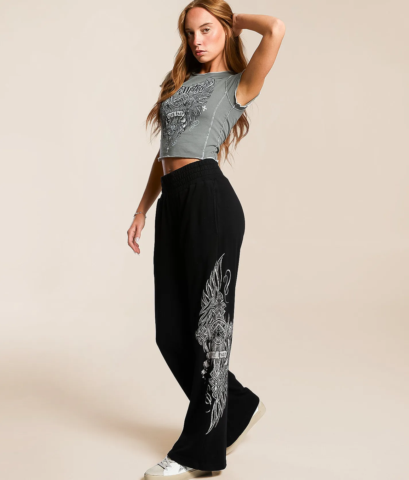 Tops | Affliction Widowmaker Baby Cropped T-Shirt Gravel Grey