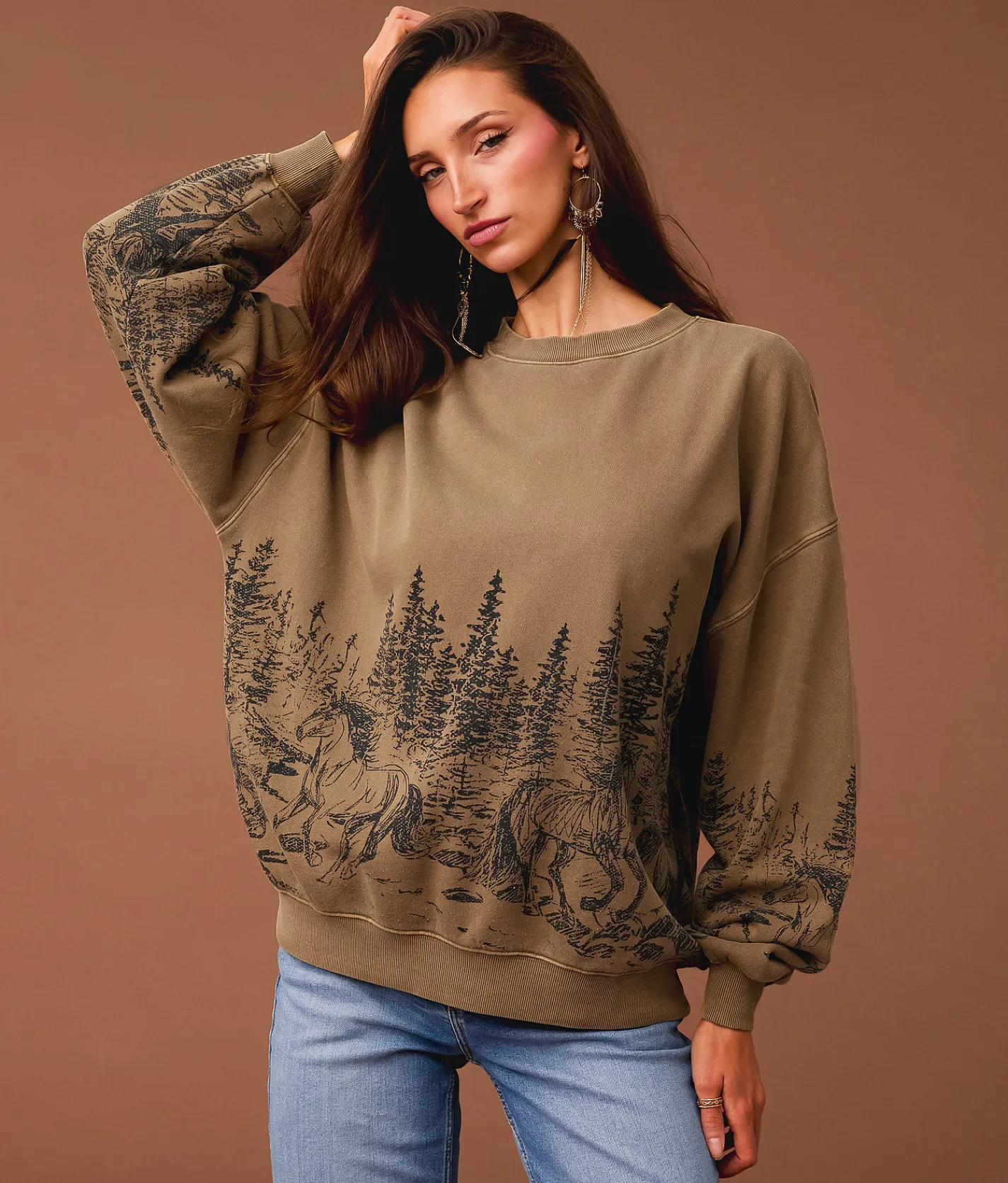 Tops | Sterling & Stitch Wild Horses Oversized Pullover Coca Mocha
