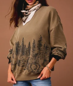 Tops | Sterling & Stitch Wild Horses Oversized Pullover Coca Mocha