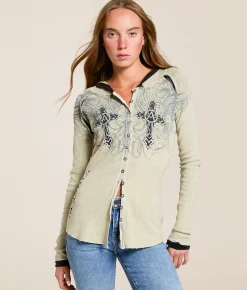 Tops | Affliction Winged Dagger Hooded Thermal Shirt Sand Lava Wash