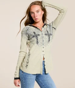Tops | Affliction Winged Dagger Hooded Thermal Shirt Sand Lava Wash