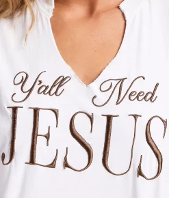 Tops | Goodie Two Sleeves Y'all Need Jesus Tank Top White