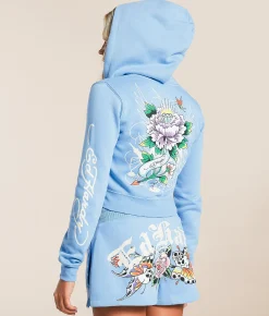 Tops | Ed Hardy Y2K Flower Skulls Cropped Hoodie Powder Blue