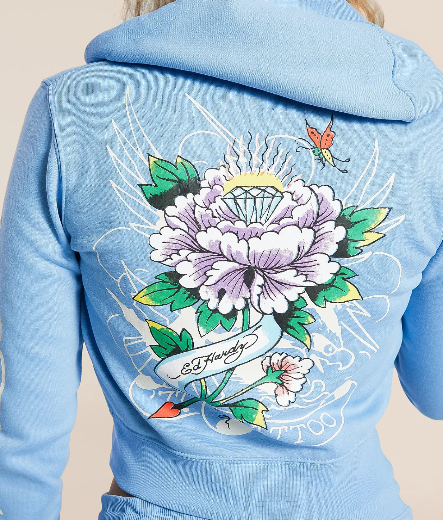 Tops | Ed Hardy Y2K Flower Skulls Cropped Hoodie Powder Blue